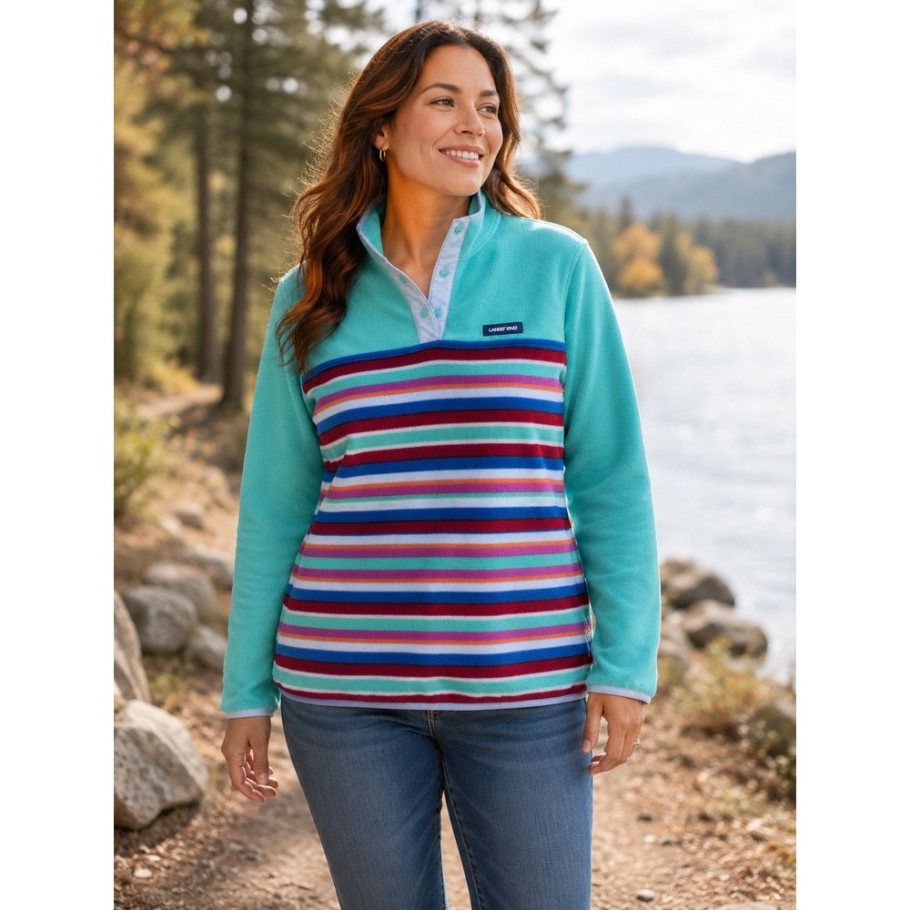 Lands End Fleece Pullover Womens M 10-12 Teal Striped Excellent Snap Neck Pocket